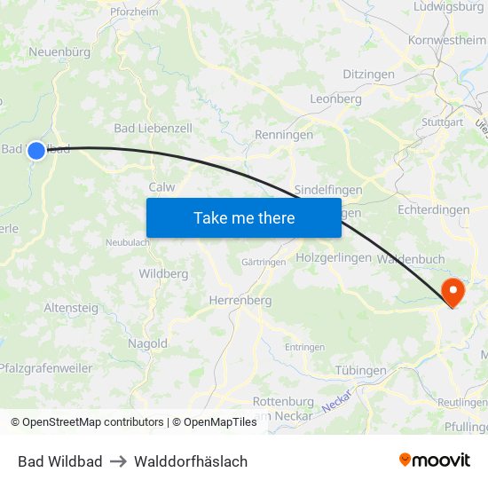 Bad Wildbad to Walddorfhäslach map