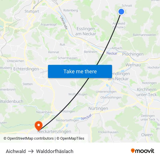 Aichwald to Walddorfhäslach map