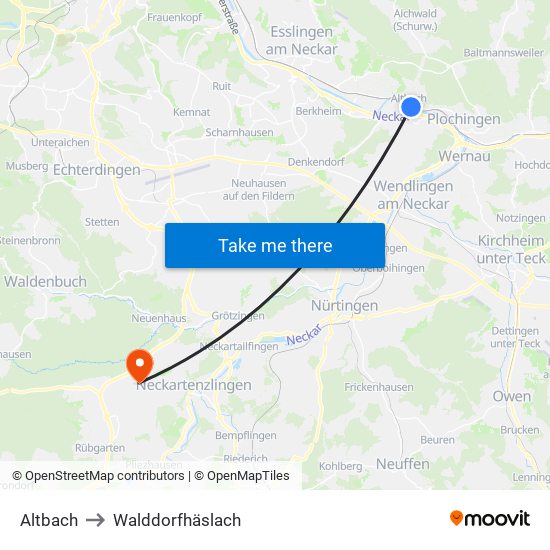 Altbach to Walddorfhäslach map