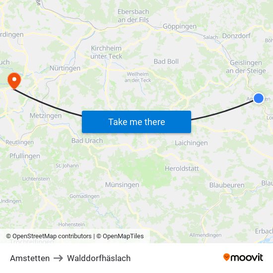 Amstetten to Walddorfhäslach map