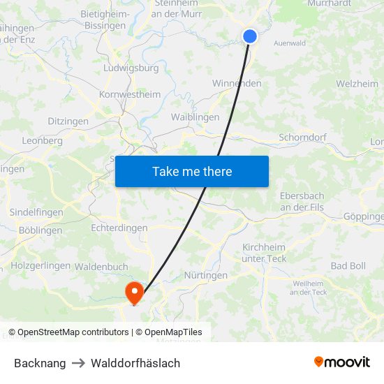 Backnang to Walddorfhäslach map