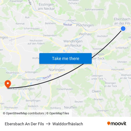 Ebersbach An Der Fils to Walddorfhäslach map