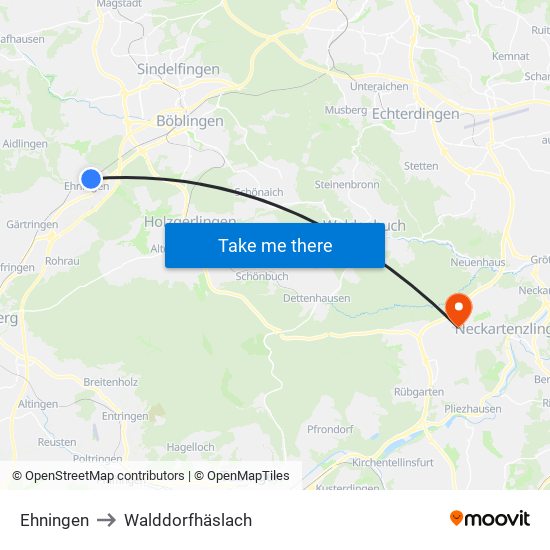 Ehningen to Walddorfhäslach map