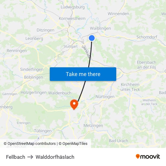 Fellbach to Walddorfhäslach map