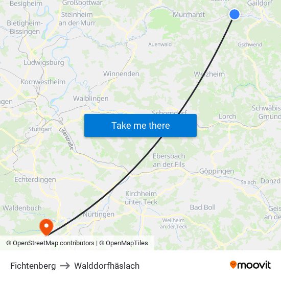 Fichtenberg to Walddorfhäslach map