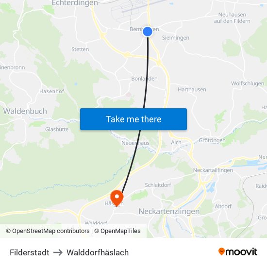 Filderstadt to Walddorfhäslach map