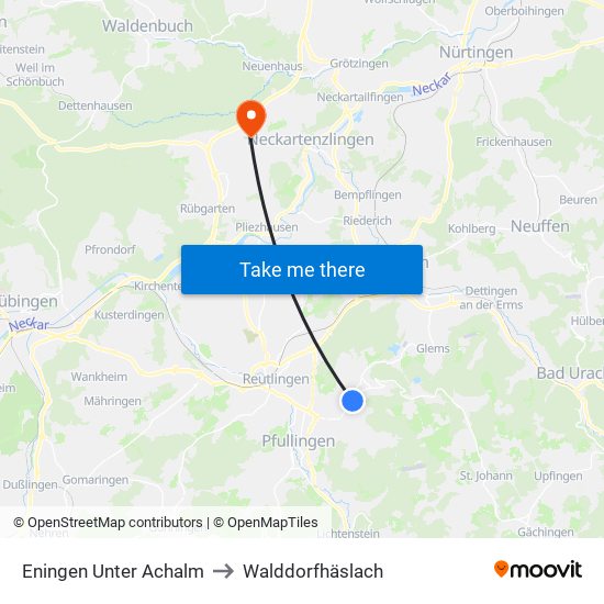 Eningen Unter Achalm to Walddorfhäslach map