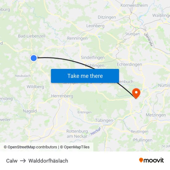 Calw to Walddorfhäslach map