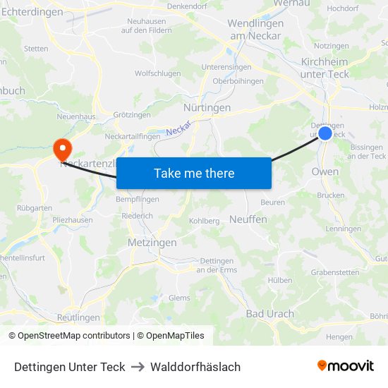 Dettingen Unter Teck to Walddorfhäslach map