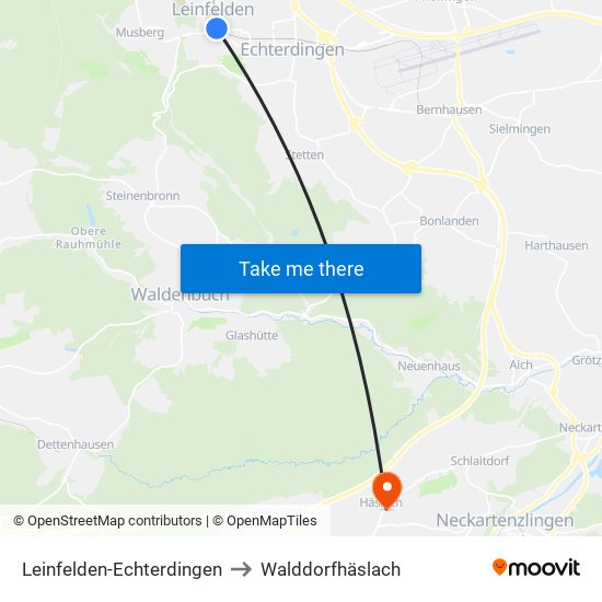 Leinfelden-Echterdingen to Walddorfhäslach map