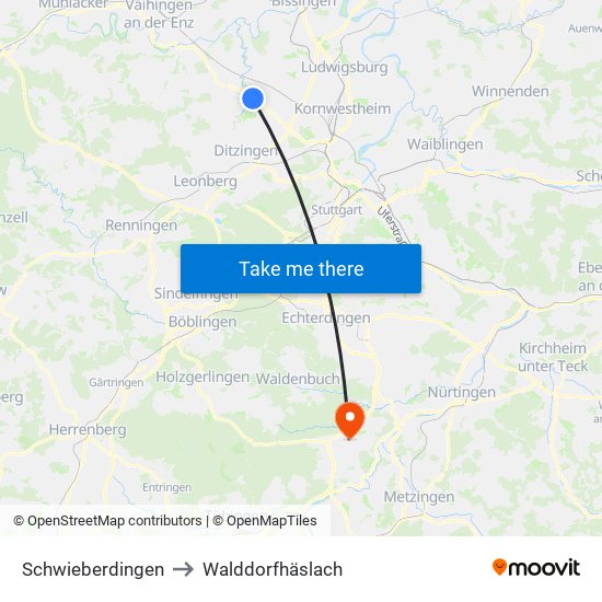 Schwieberdingen to Walddorfhäslach map