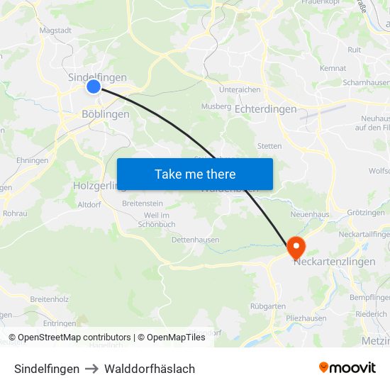 Sindelfingen to Walddorfhäslach map