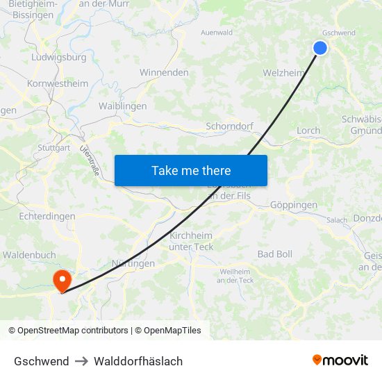 Gschwend to Walddorfhäslach map