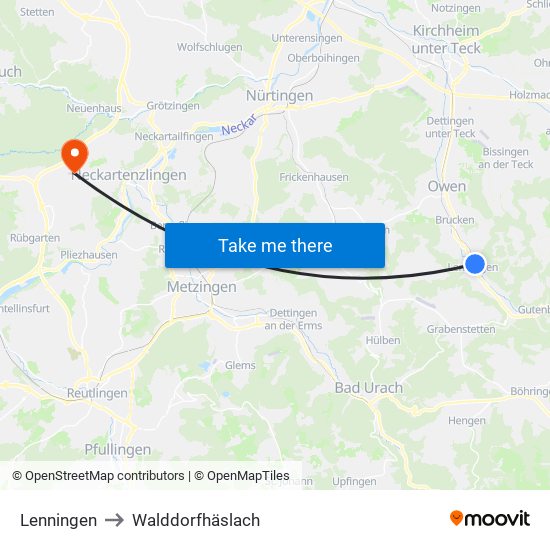 Lenningen to Walddorfhäslach map