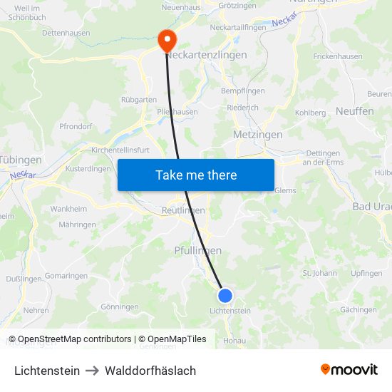 Lichtenstein to Walddorfhäslach map