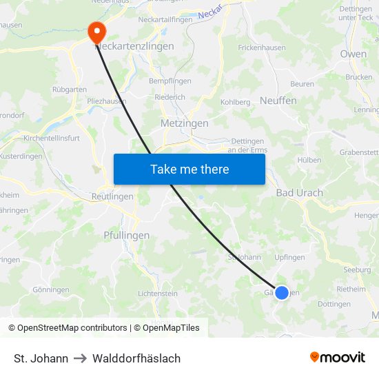 St. Johann to Walddorfhäslach map