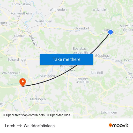 Lorch to Walddorfhäslach map