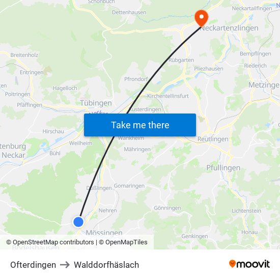 Ofterdingen to Walddorfhäslach map