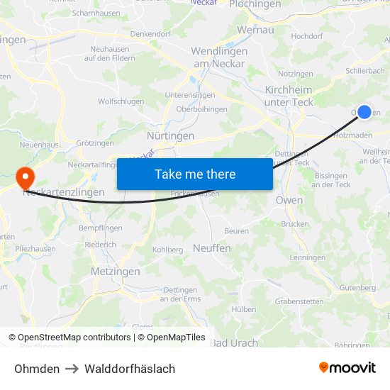 Ohmden to Walddorfhäslach map