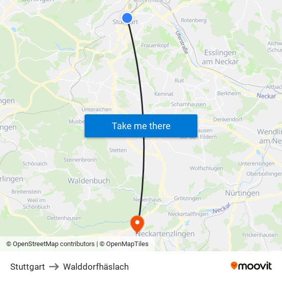 Stuttgart to Walddorfhäslach map