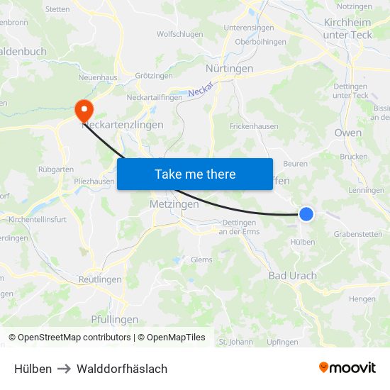 Hülben to Walddorfhäslach map