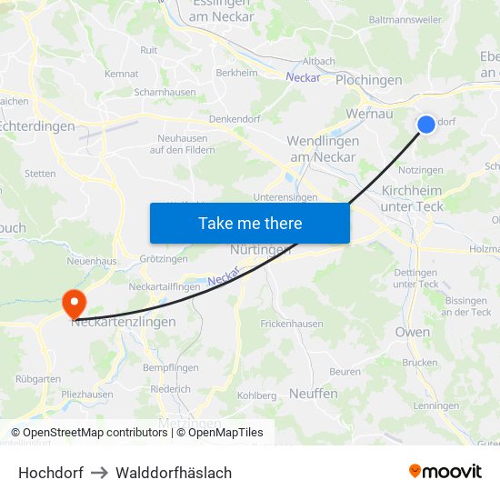 Hochdorf to Walddorfhäslach map