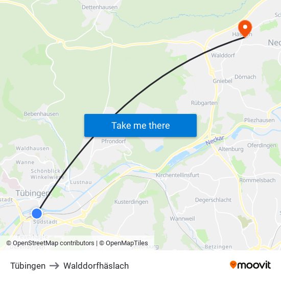 Tübingen to Walddorfhäslach map