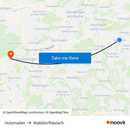 Holzmaden to Walddorfhäslach map