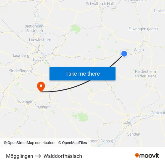 Mögglingen to Walddorfhäslach map