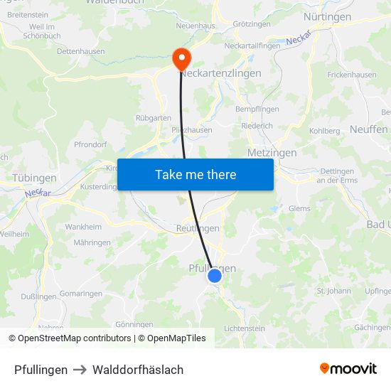 Pfullingen to Walddorfhäslach map