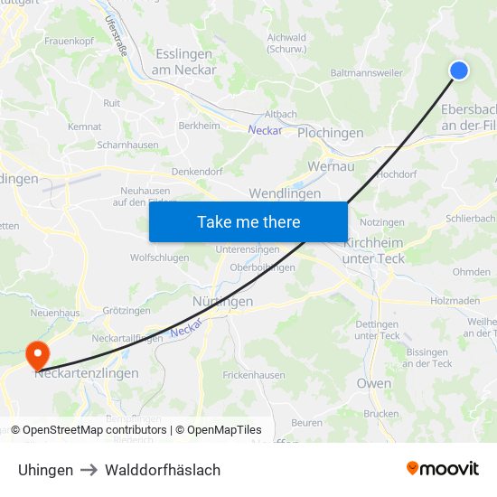 Uhingen to Walddorfhäslach map