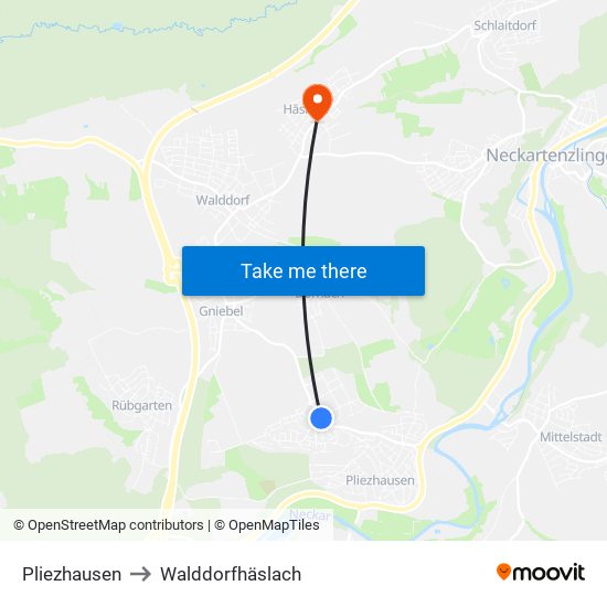 Pliezhausen to Walddorfhäslach map