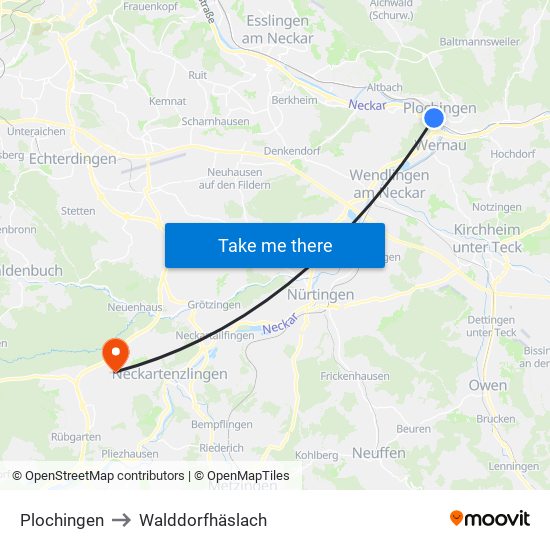 Plochingen to Walddorfhäslach map