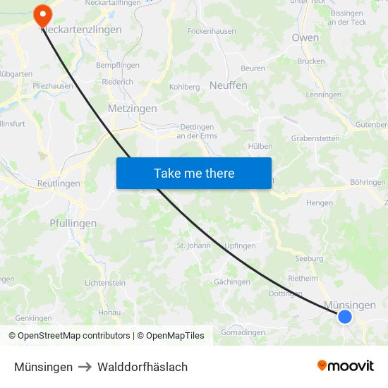 Münsingen to Walddorfhäslach map