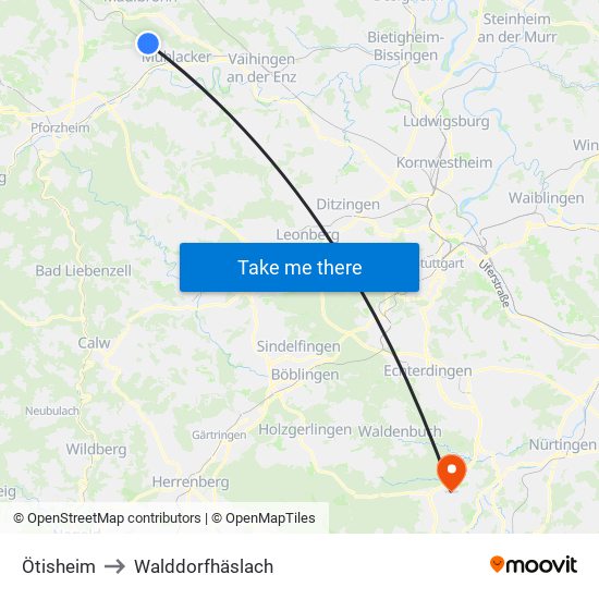 Ötisheim to Walddorfhäslach map