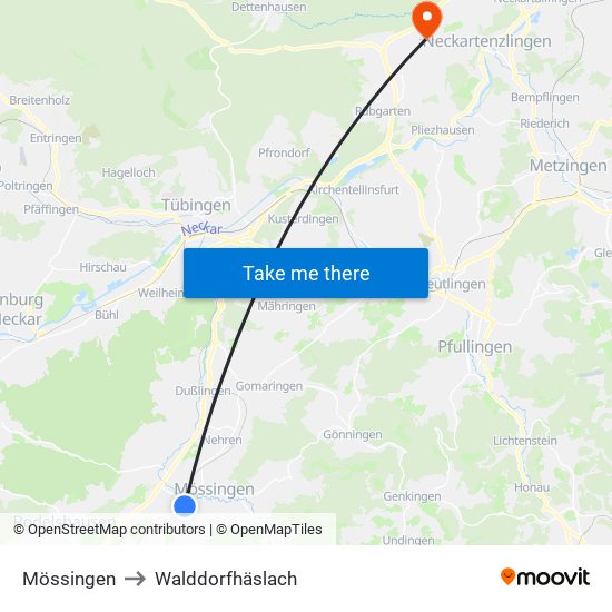 Mössingen to Walddorfhäslach map