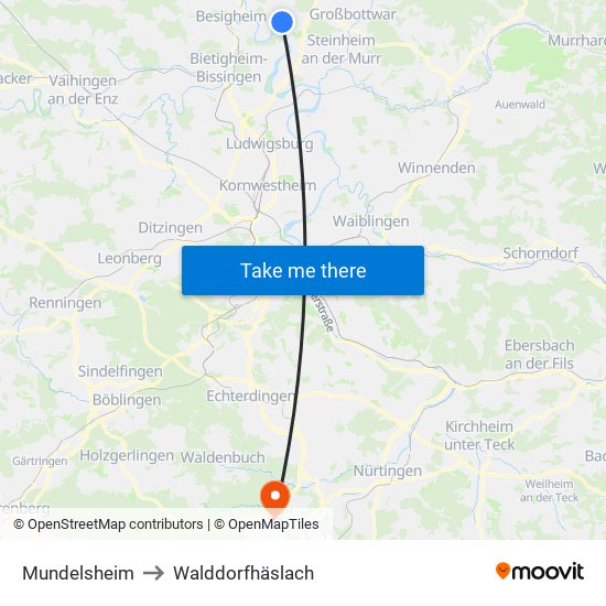 Mundelsheim to Walddorfhäslach map