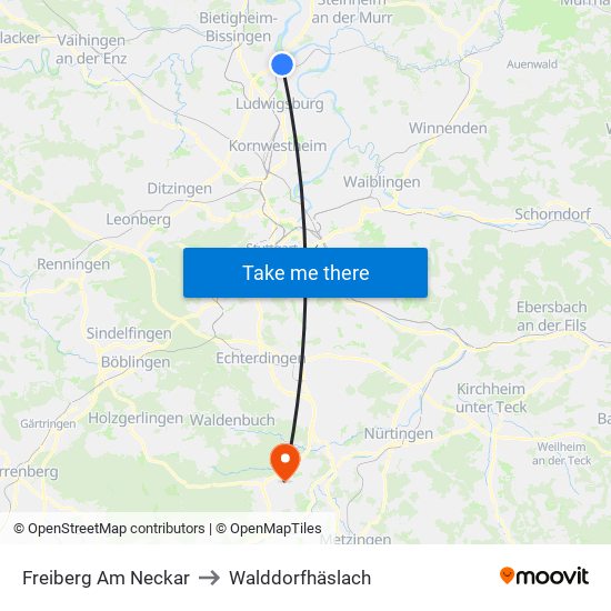 Freiberg Am Neckar to Walddorfhäslach map