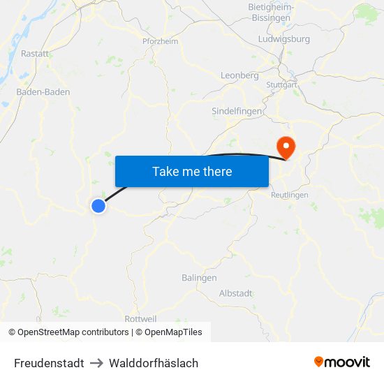 Freudenstadt to Walddorfhäslach map