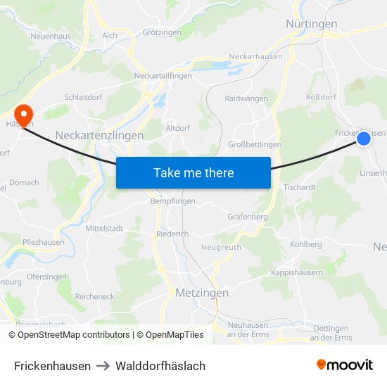 Frickenhausen to Walddorfhäslach map