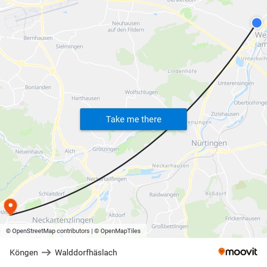 Köngen to Walddorfhäslach map