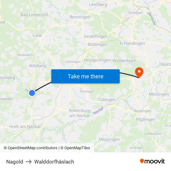 Nagold to Walddorfhäslach map