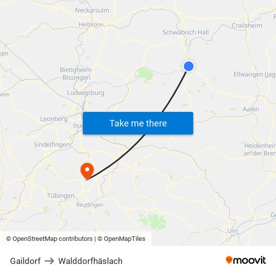 Gaildorf to Walddorfhäslach map