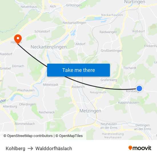 Kohlberg to Walddorfhäslach map