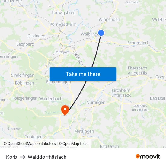 Korb to Walddorfhäslach map