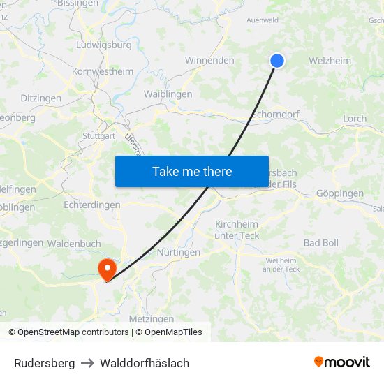 Rudersberg to Walddorfhäslach map