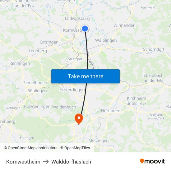 Kornwestheim to Walddorfhäslach map