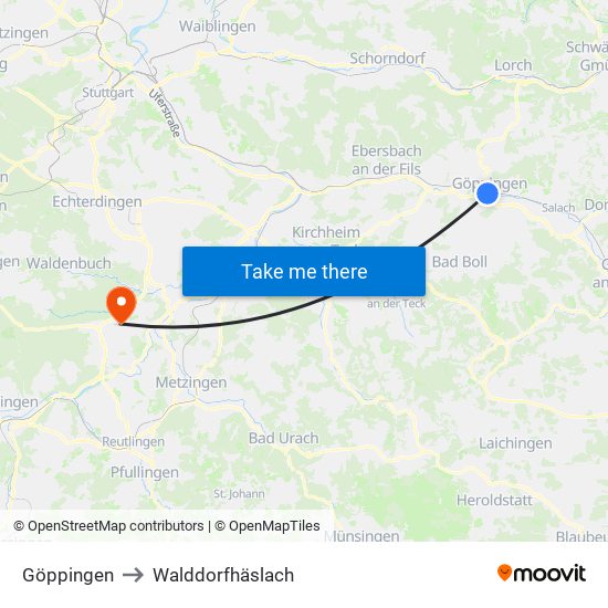 Göppingen to Walddorfhäslach map
