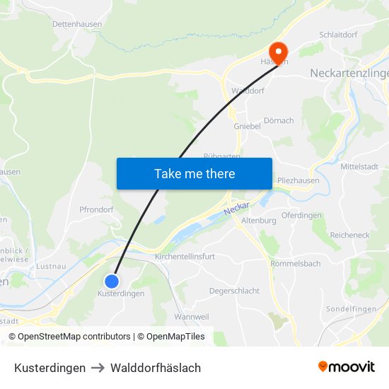 Kusterdingen to Walddorfhäslach map