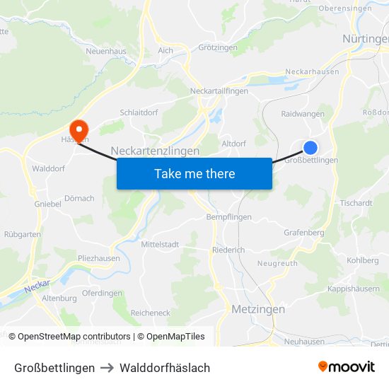Großbettlingen to Walddorfhäslach map